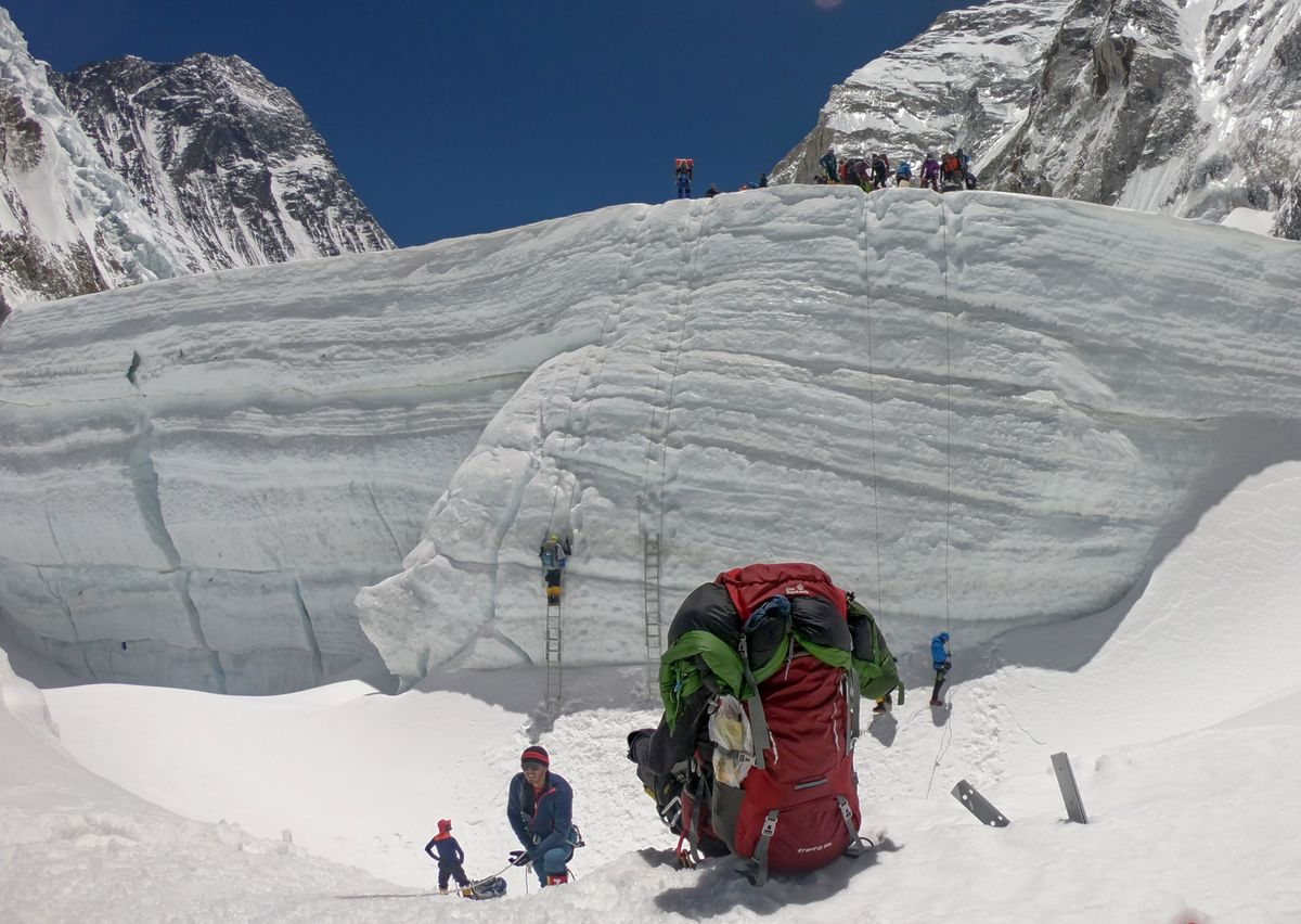 Lines of ladders are seen on the face of Mount Everest