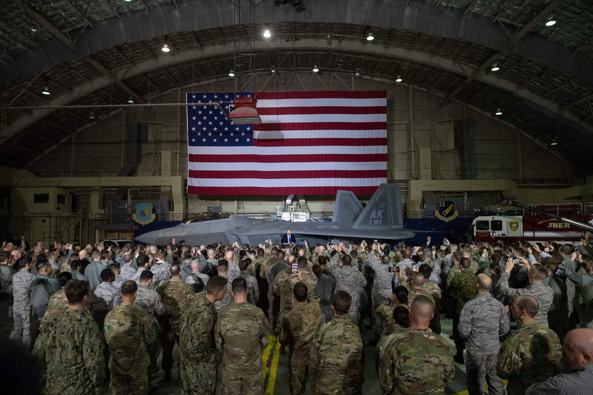 US President Donald Trump speaks to US troops at Joint Base Elmendorf-Richardson in Anchorage, Alaska