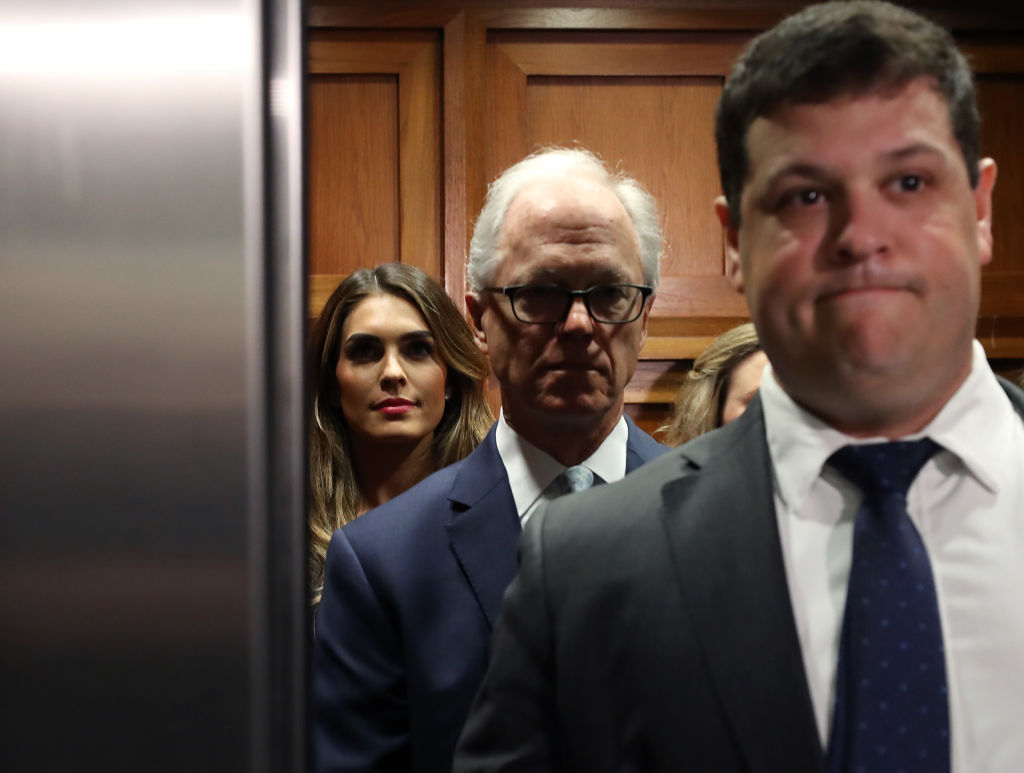 GettyImages-1156944128 Former White House communications director Hope Hicks (L) stands in an elevator 