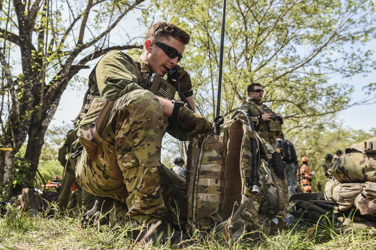 A soldier of the US Air Force talks on the radio during an earthquake simulation exercise