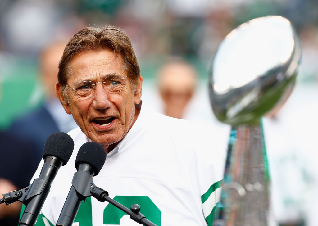 EAST RUTHERFORD, NJ - OCTOBER 14: Joe Namath speaks during a Super Bowl III 50th Anniversary celebration during halftime of the game between the New York Jets and the Indianapolis Colts at MetLife Stadium on October 14, 2018 in East Rutherford, New Jersey. 