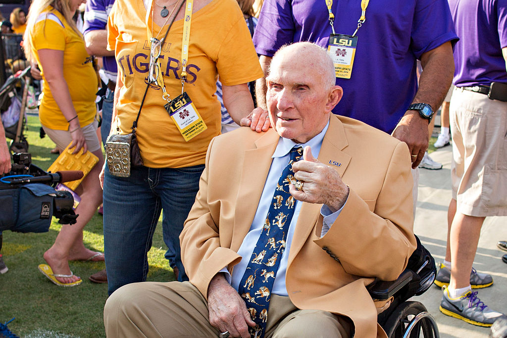 BATON ROUGE, LA - SEPTEMBER 20: Y.A. Tittle gives a thumbs up on the sidelines before a game between the LSU Tigers and the Mississippi State Bulldogs at Tiger Stadium on September 20, 2014 in Baton Rouge, Louisiana.  