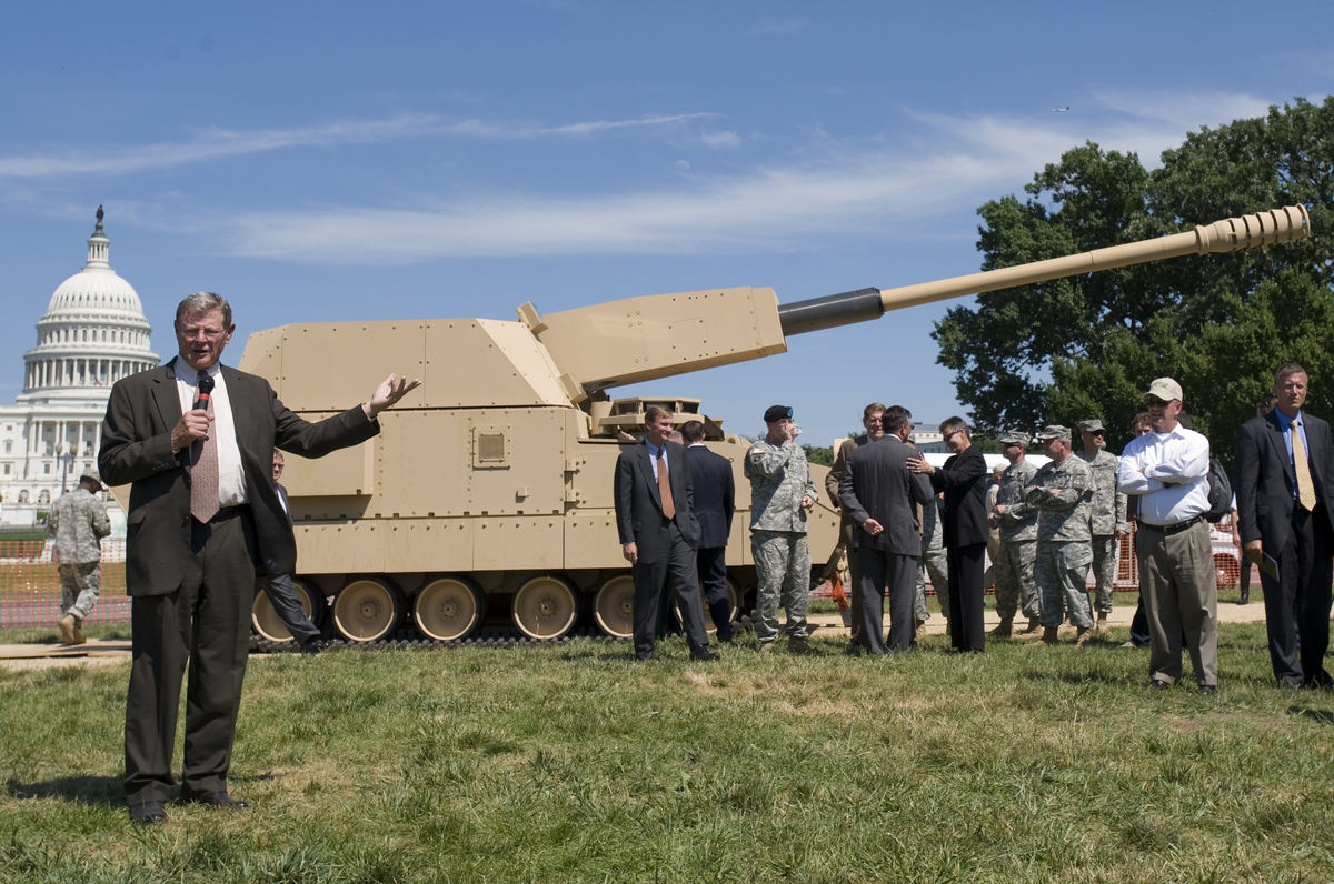 Sen. James Inhofe, R-Okla., speaks during the unveiling event of the first Future Combat System Manned Ground Vehicle