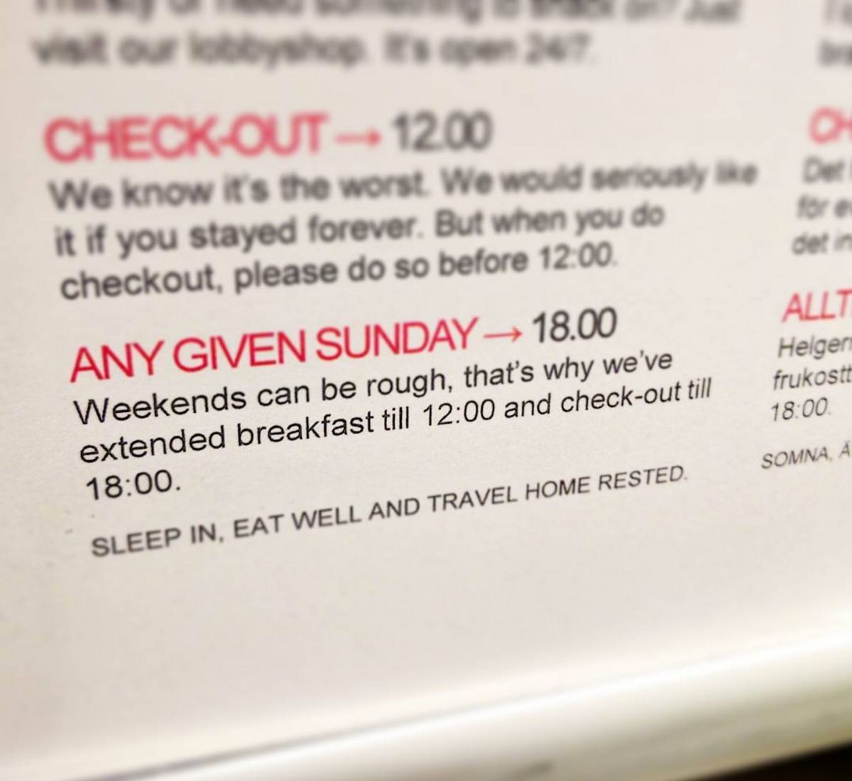 hotel that lets you checkout on sundays at 6pm