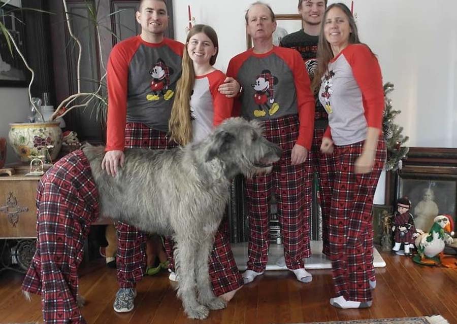 family and dog, all wearing PJs