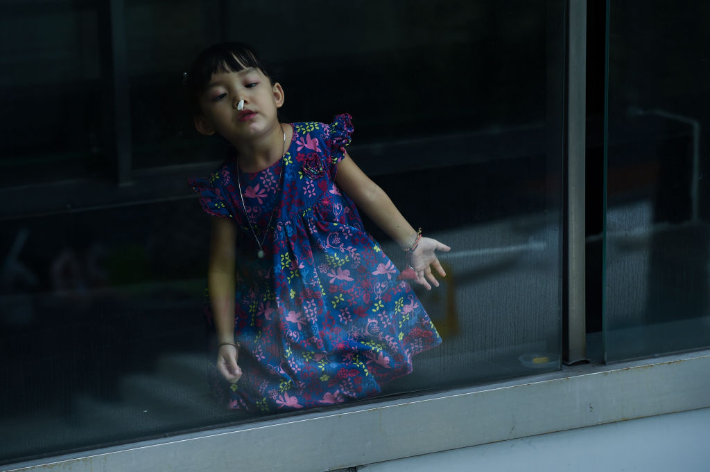 A little girl observes something stuck to the glass of a window