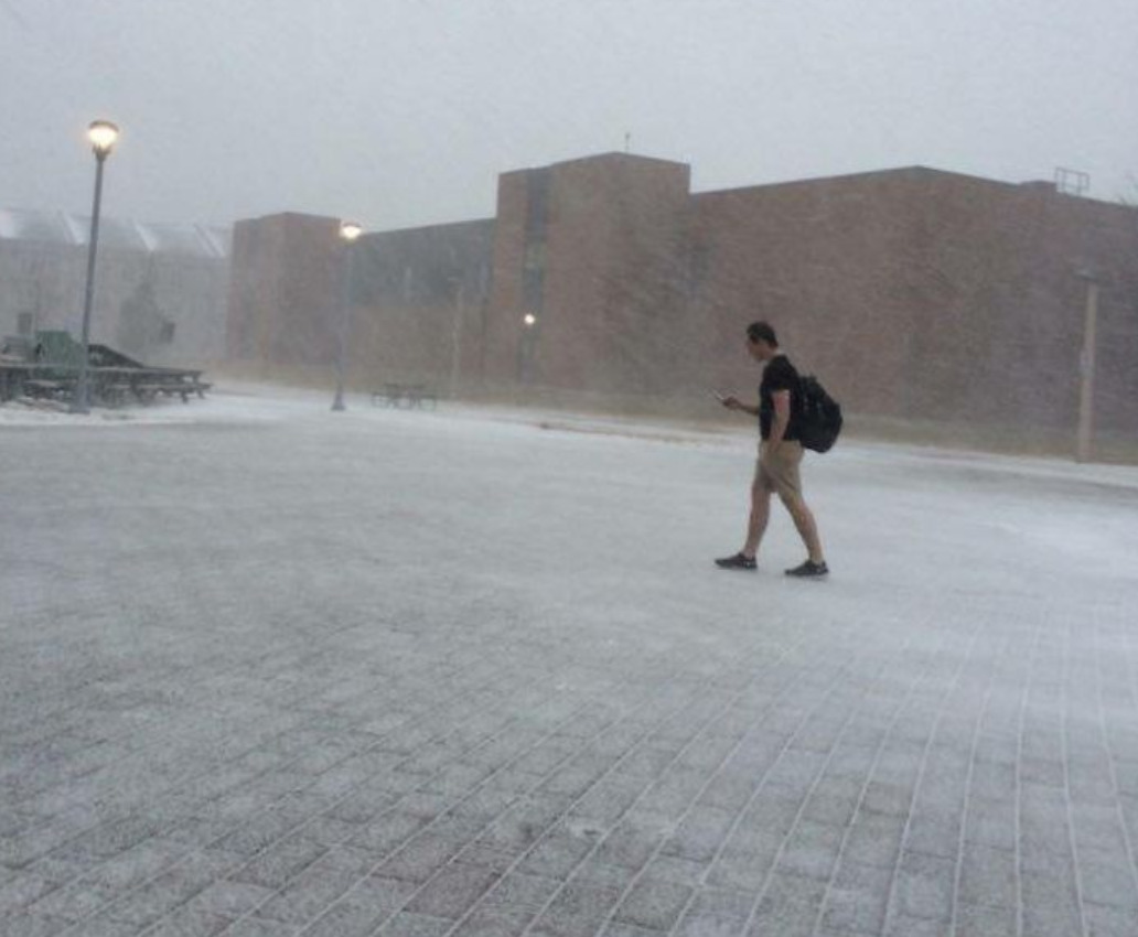 Person wearing shorts and a t-shirt in a blizzard