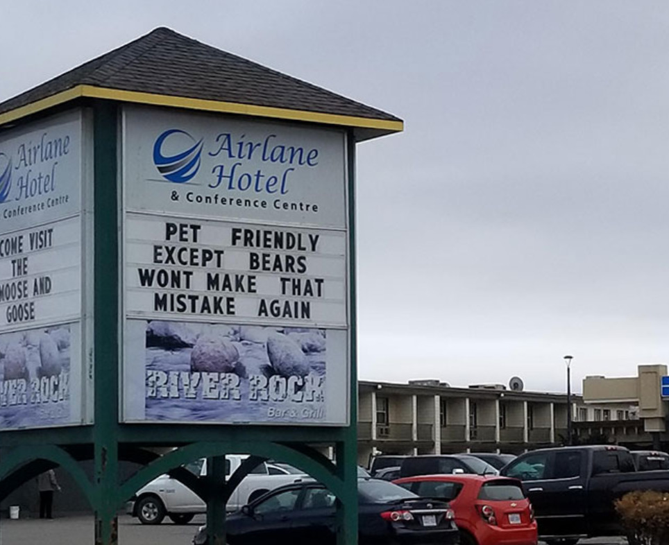 Hotel sign says: Pet friendly except bears. Won't make that mistake again