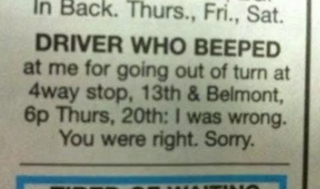 Person who got honked at puts out classified add to apologize to other driver