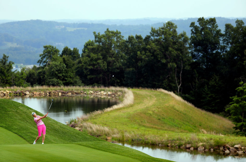 Trish Johnson of England hits her 2nd shot on the 15th hole