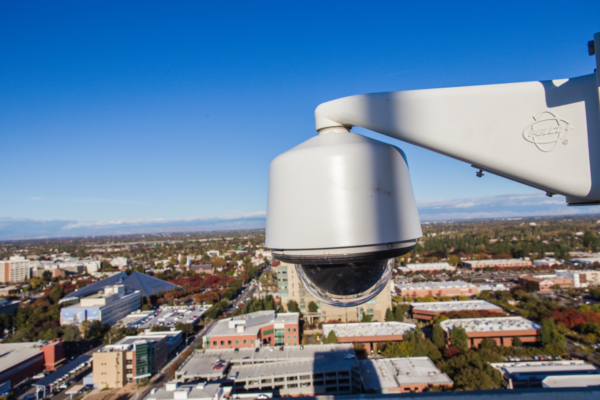 A security camera hovers over Fresno, California.