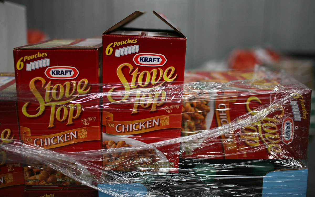 Boxes of Stove Top stuffing are wrapping in plastic.