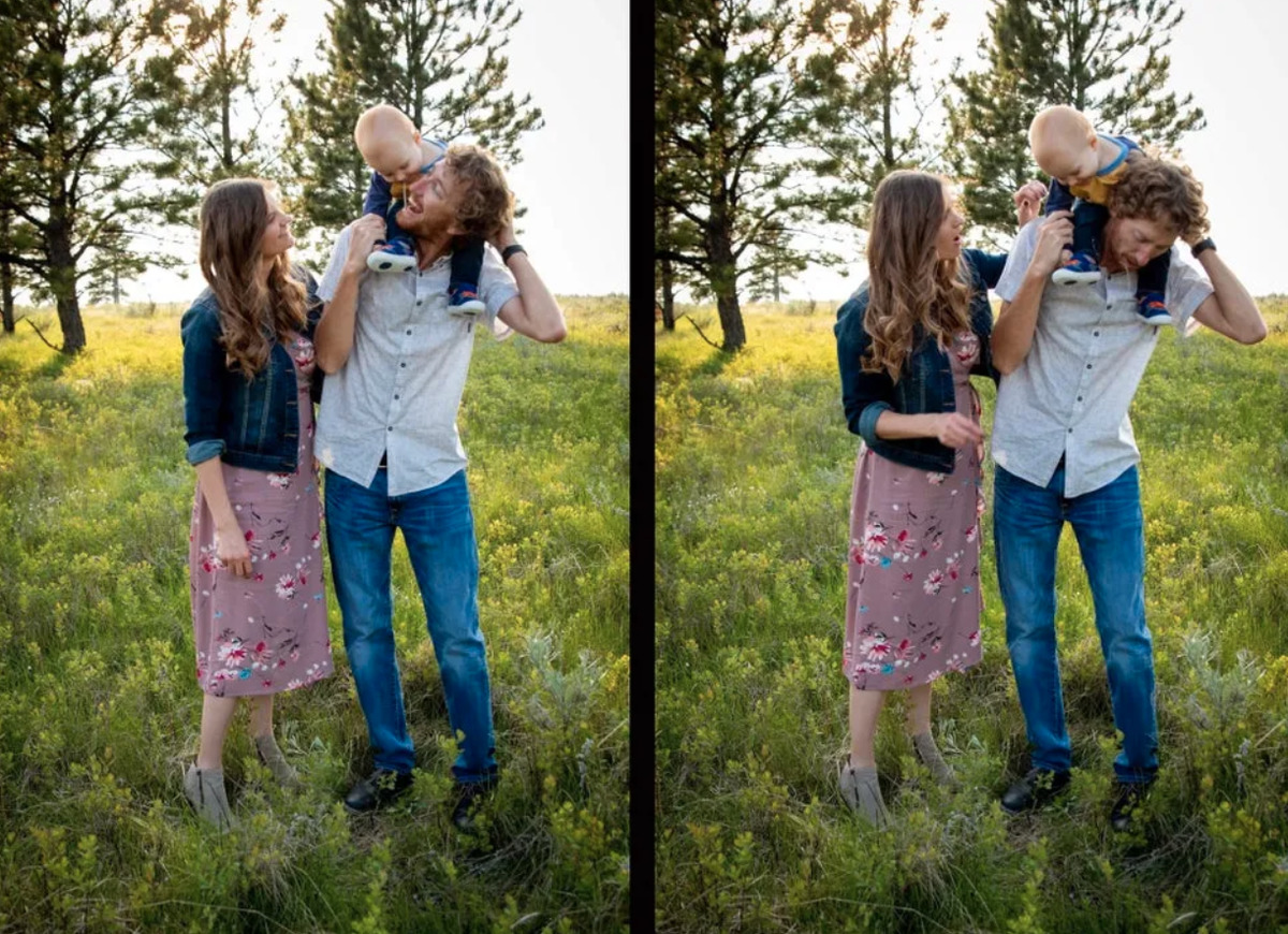 Parents and baby trying to take photo when baby pukes on dad