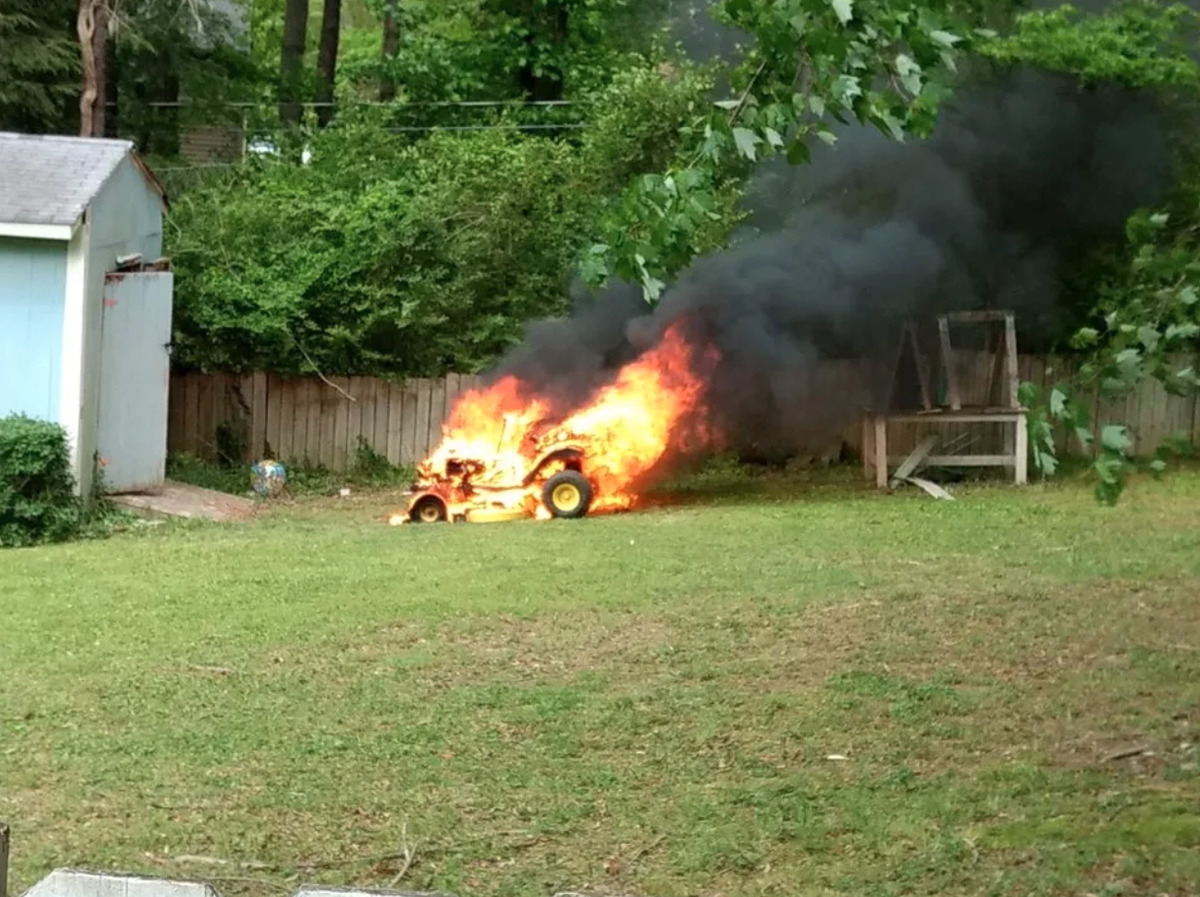 lawnmower engulfed in flames
