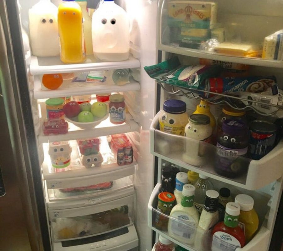 someone put google eyes things in the fridge