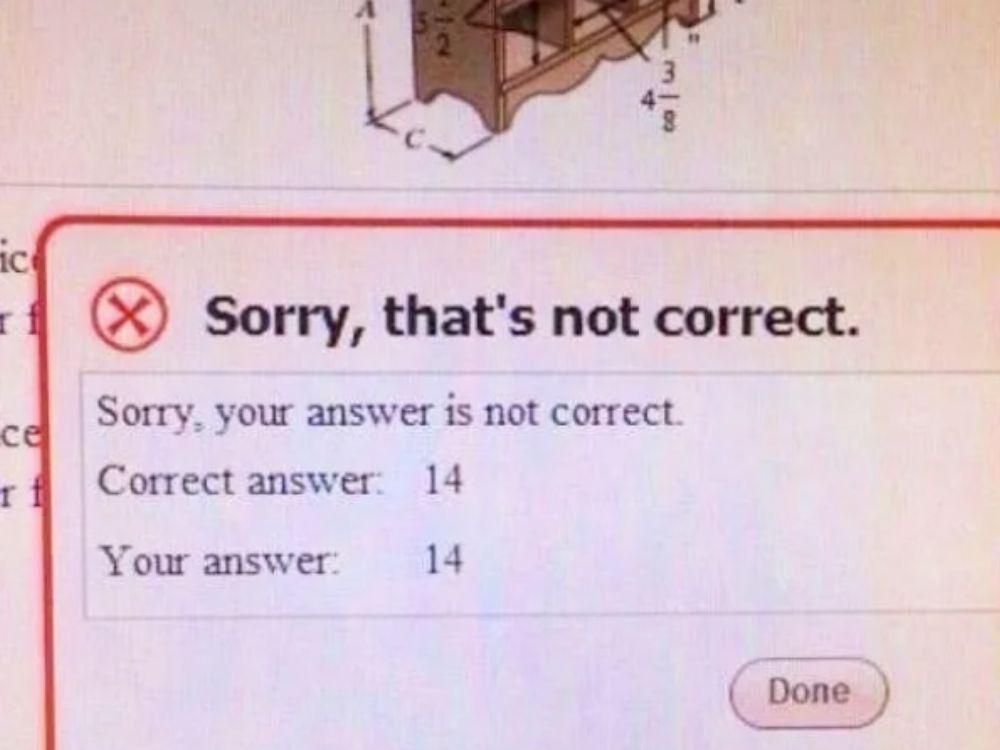 Math test says person got wrong answer when correct answer is the same