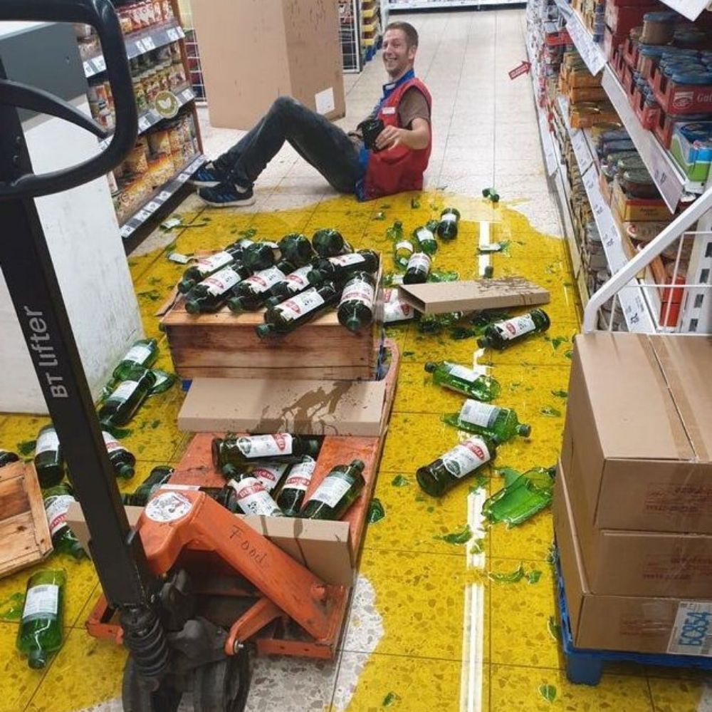 Employee at grocery store has forklift spill