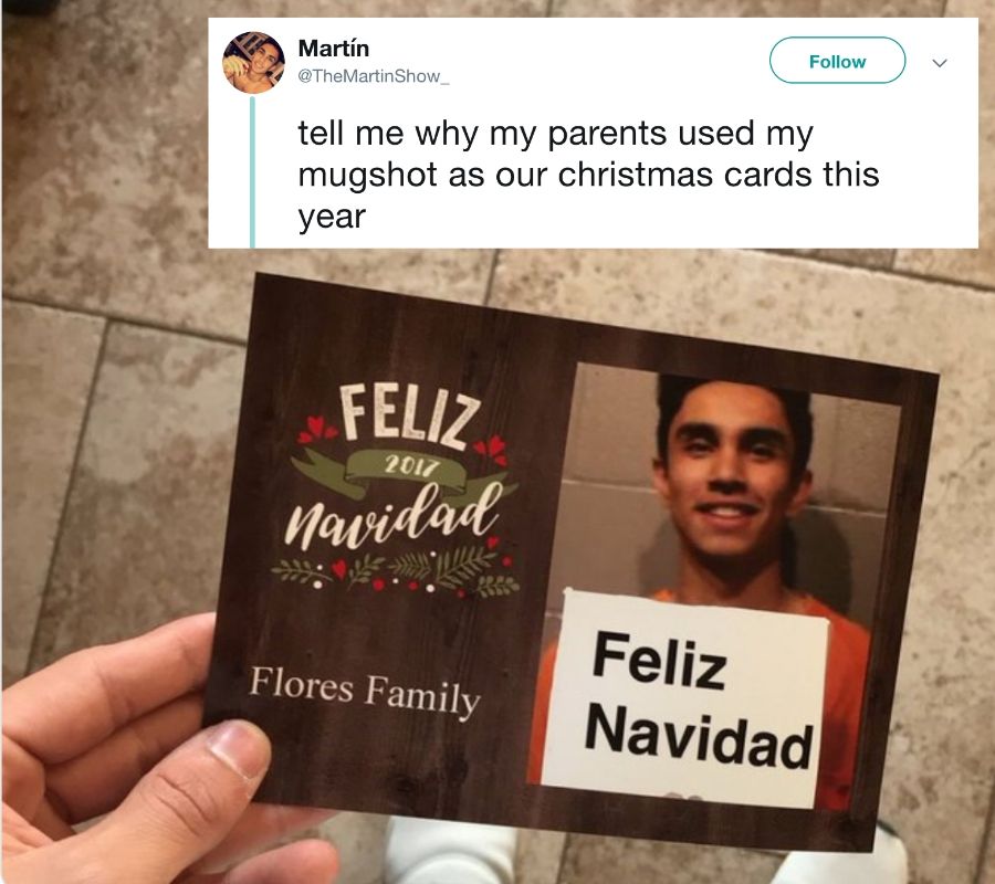 parents using their son's mugshot on their Christmas card