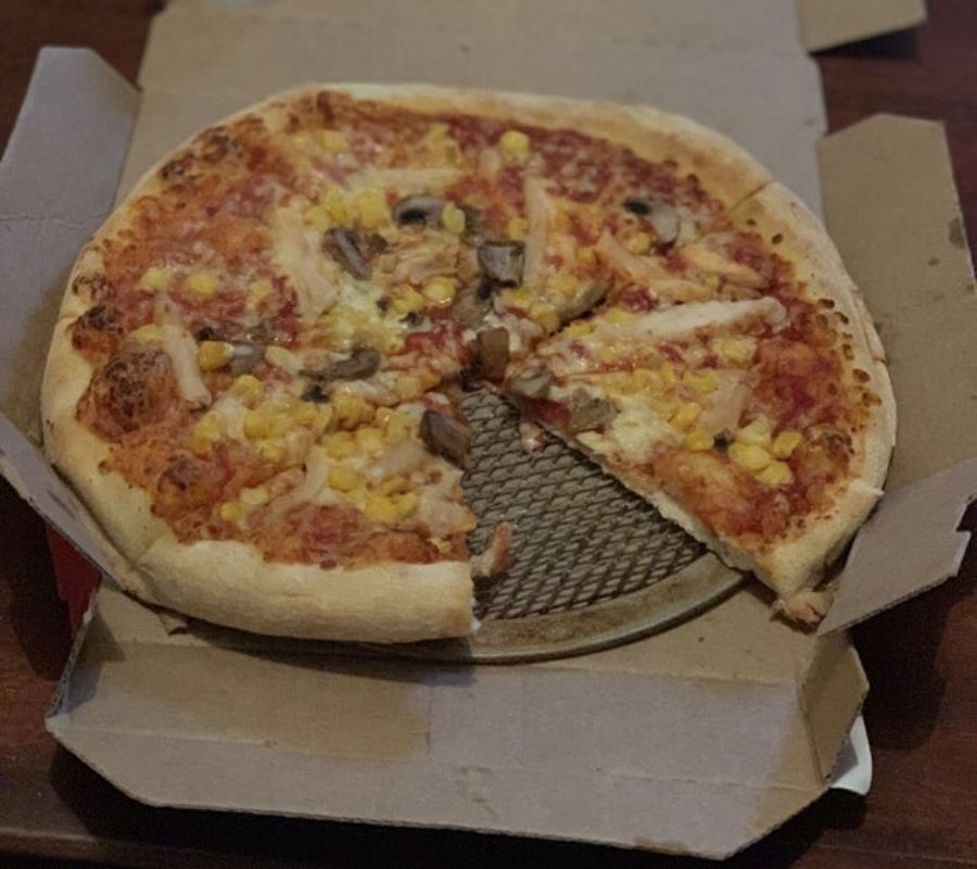 someone forgot a pizza baking tray under the pizza