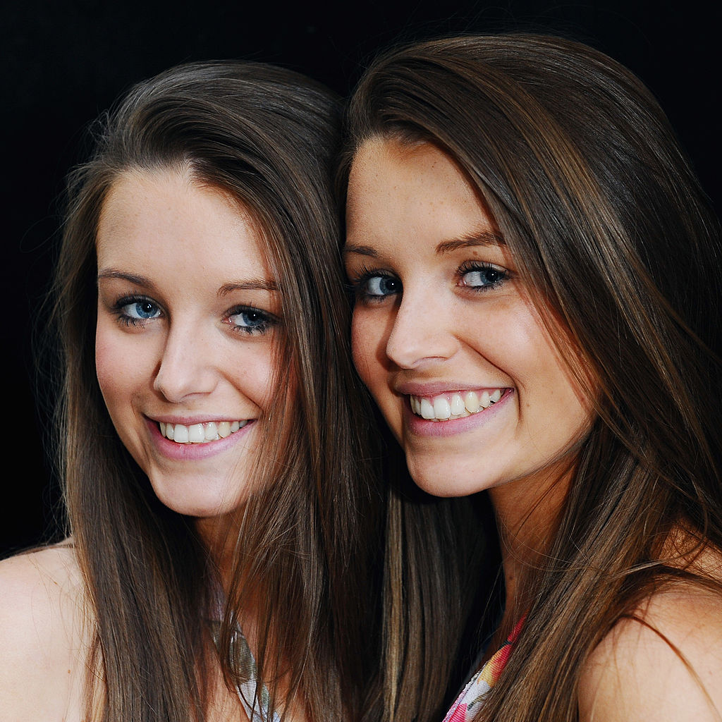 Pearl and Ruby Day pose after winning the Duo Wispa British Identical Twins competition 