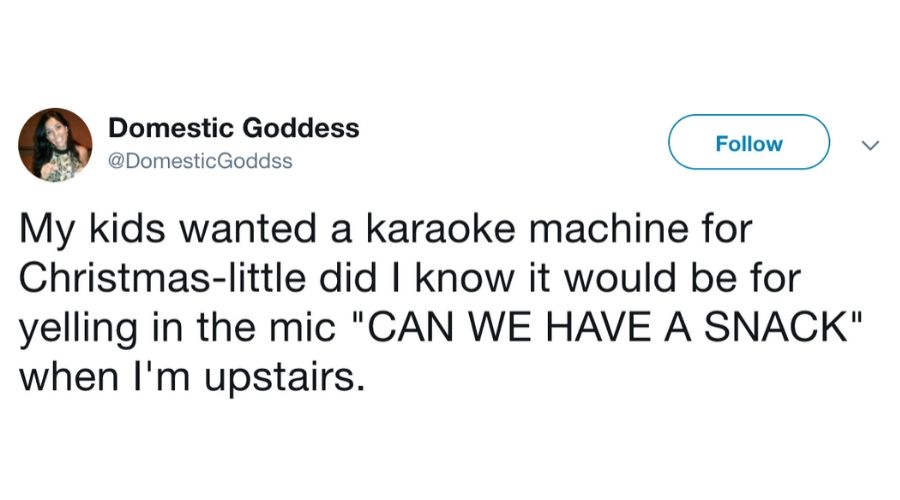 tweet: my kids wanted a karaoke machine for Christmas-little did I know it would be for yelling in the mic 'can we have a snack?' when I'm upstairs 