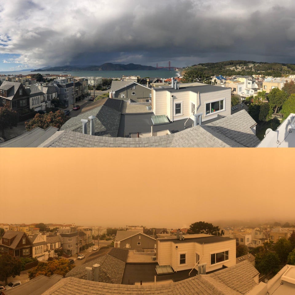 photo from a house with clear skies and same photo during California's wild fires
