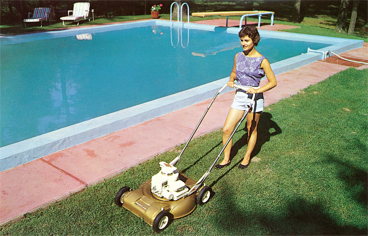 Woman Mowing Lawn by Pool