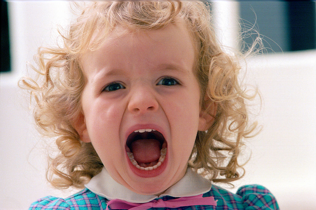 A toddler girl opens her mouth to scream.