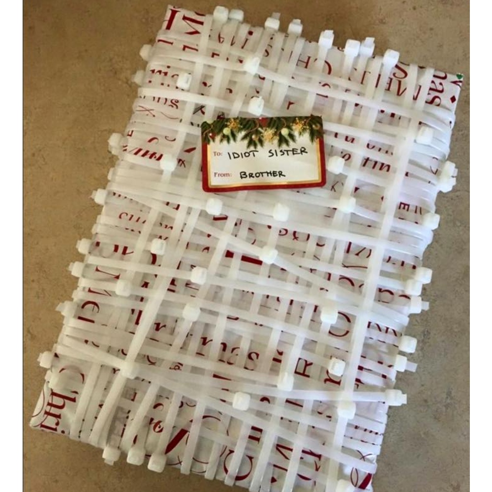 idiot sister gift wrapping with zip ties