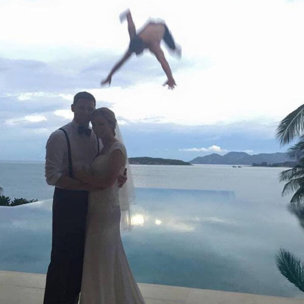 mid-air photobomb for a wedding shoot
