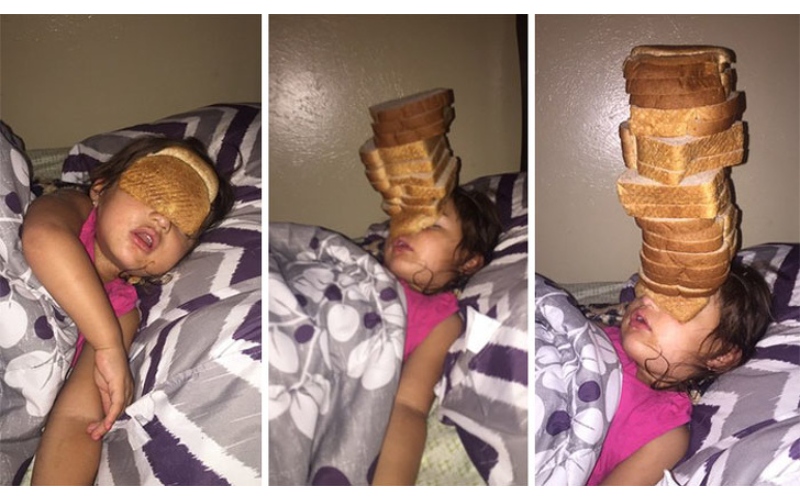 stack of bread on her sisters head