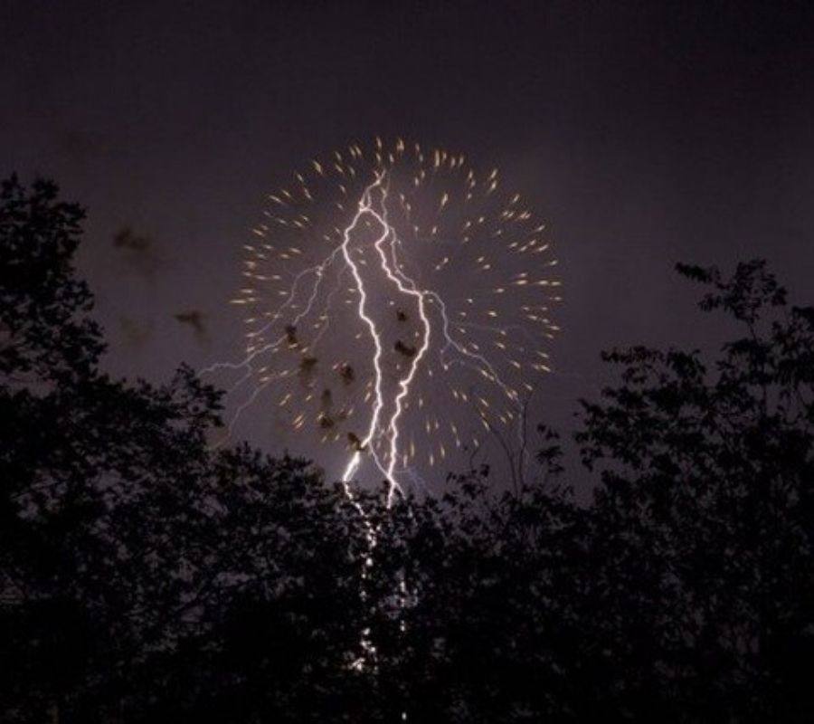 lightening and fireworks going off at the same time