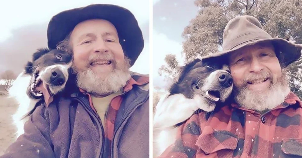 man and dog pose for selfies together