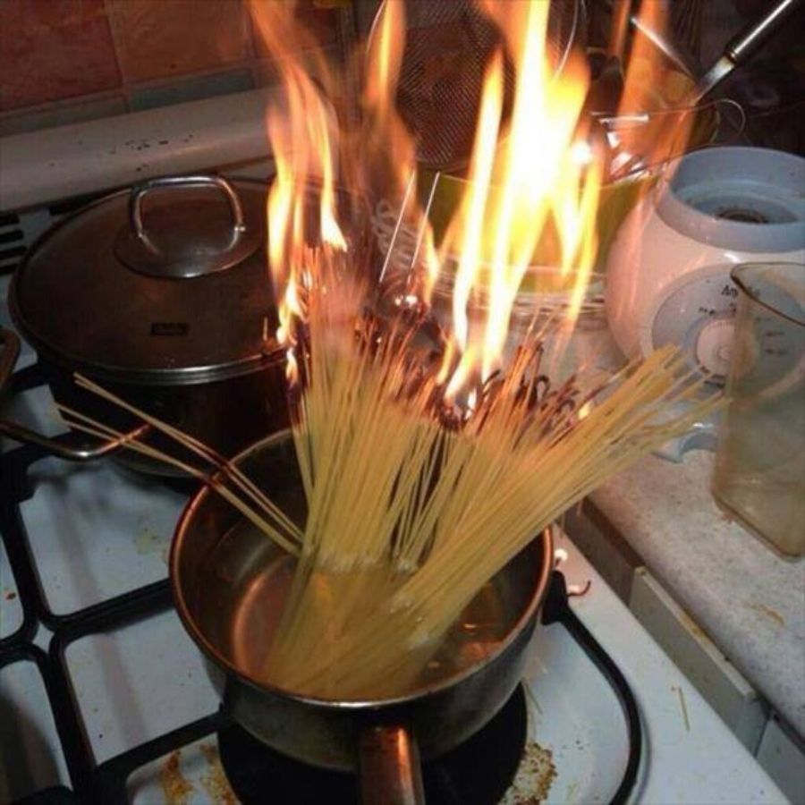 spaghetti noodles on fire