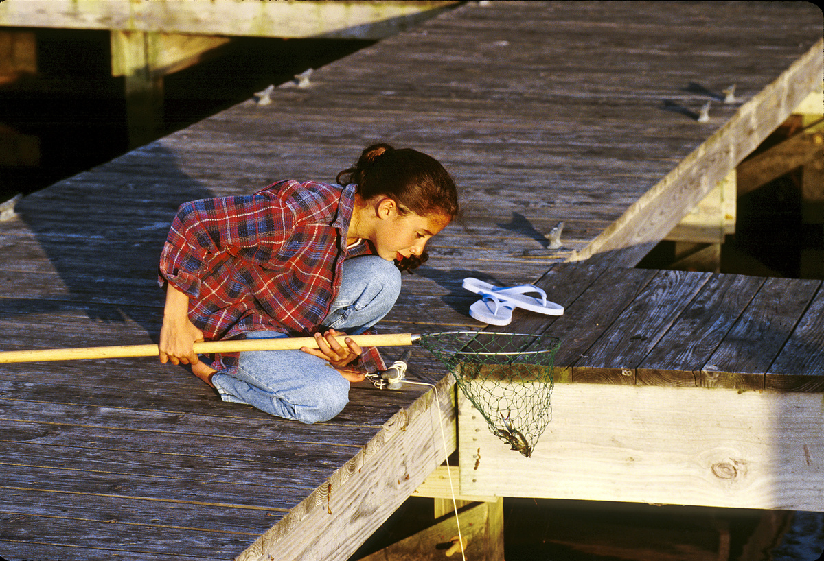Young girl crabbing from a dock...