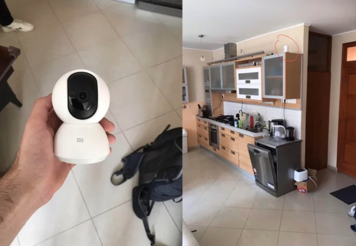 Person holding camera alongside photo of its original placement in kitchen