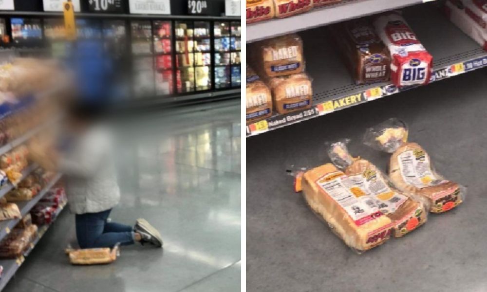 Woman puts loaves of bread on the ground to kneel on while she looks at lower shelves