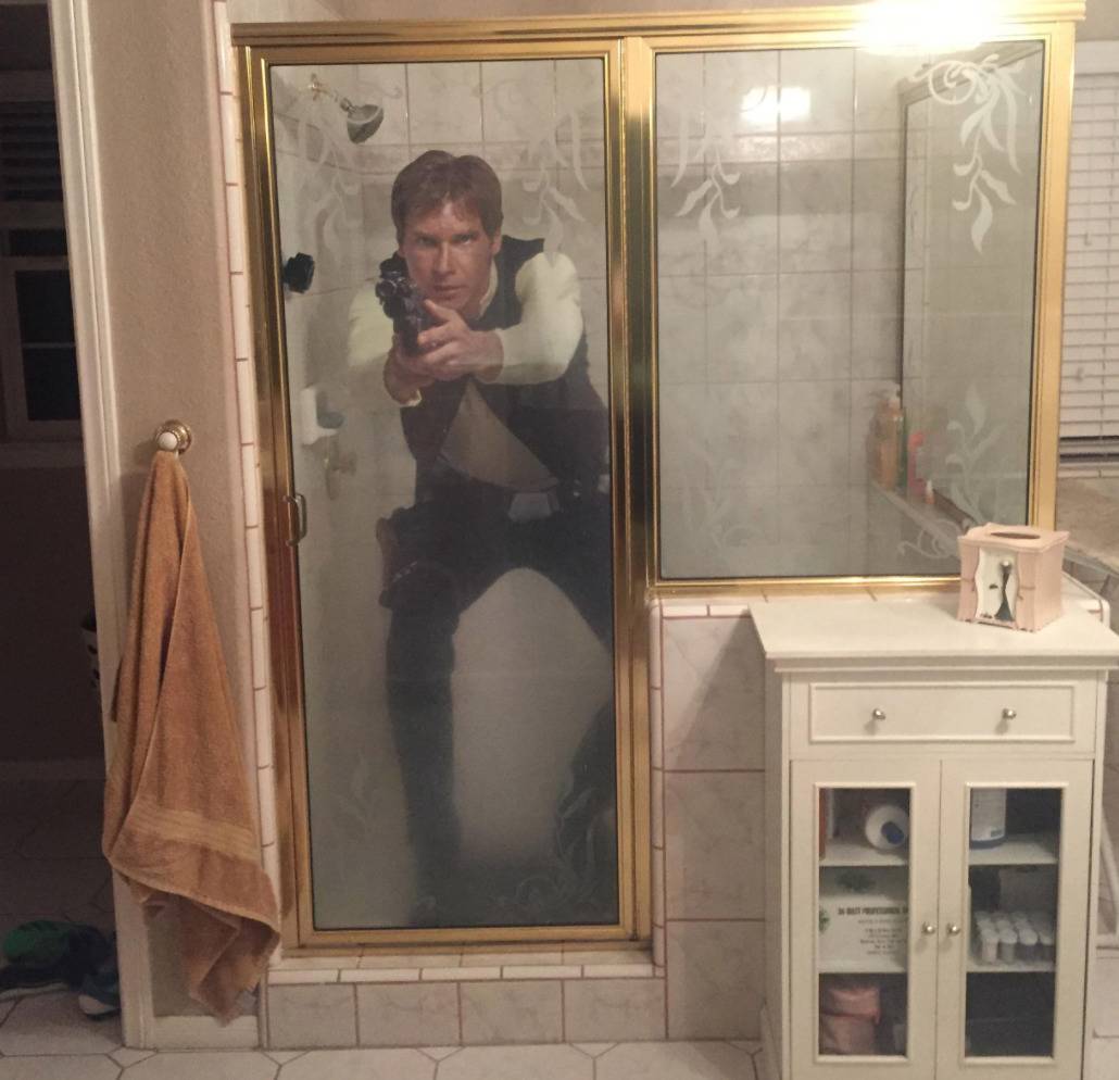 han solo cardboard cutout inside a glass door shower