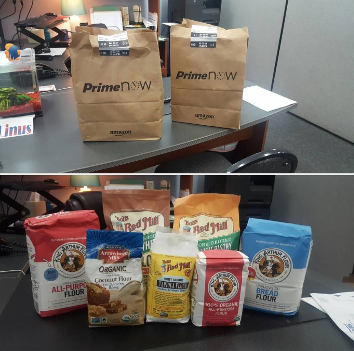 man sends delivery of packages of flour instead of flowers to girlfriend's work