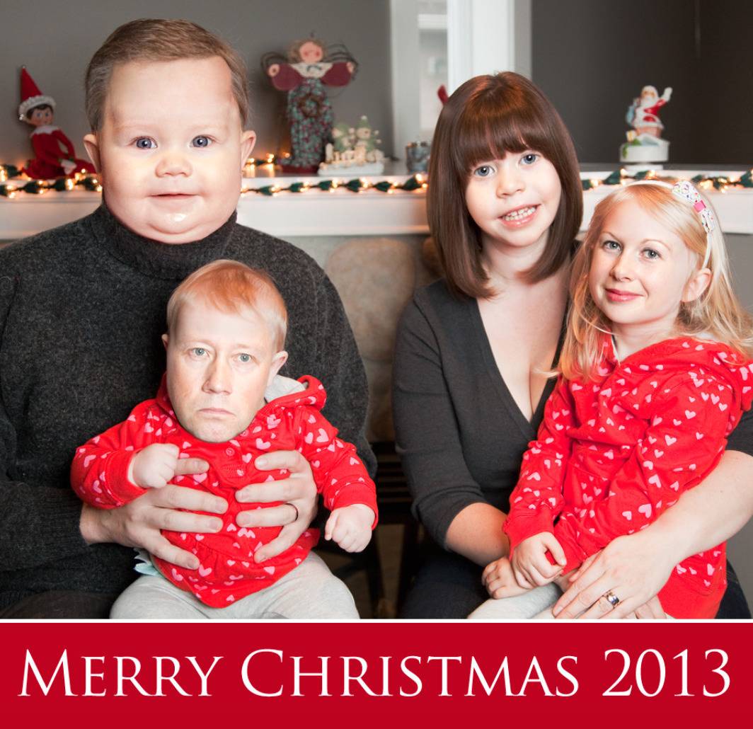 photoshop of children's faces on parents' and vice versa for family Christmas card