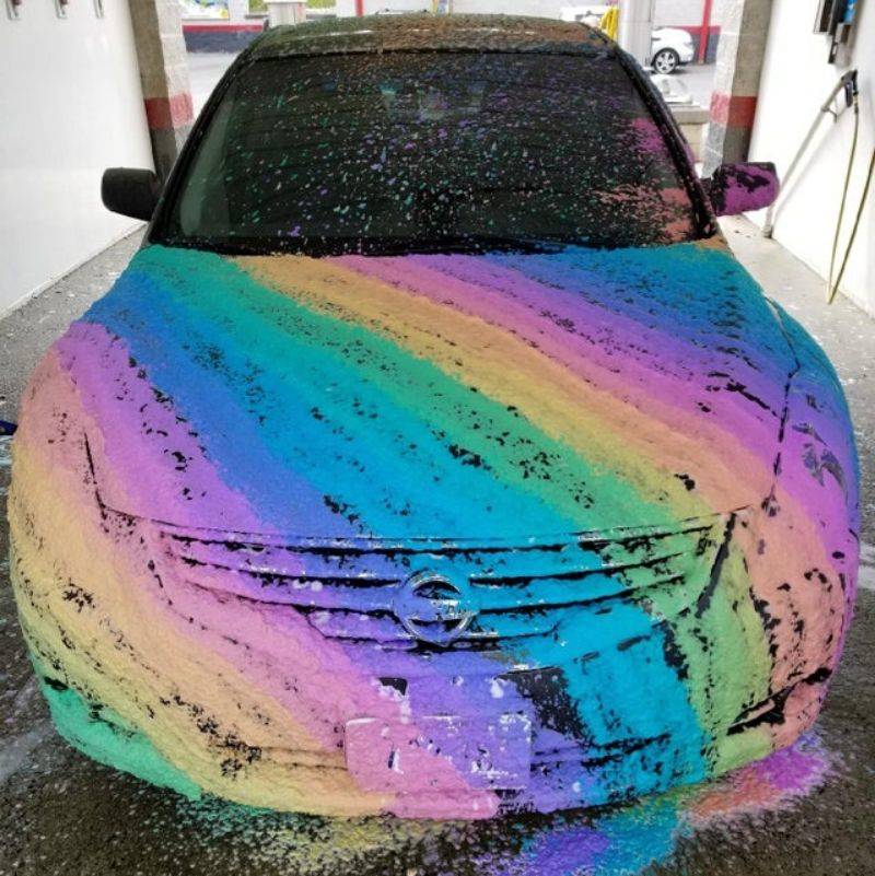 a car full of rainbow soap