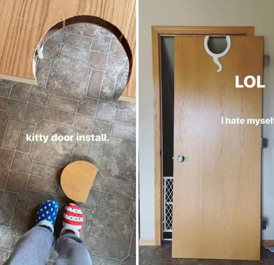 person accidentally cuts kitty door insert at top of door