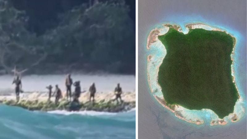 tribes people on beach and photo of whole island