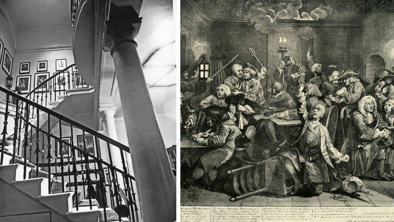 interior of club and drawing of visitors from 1734