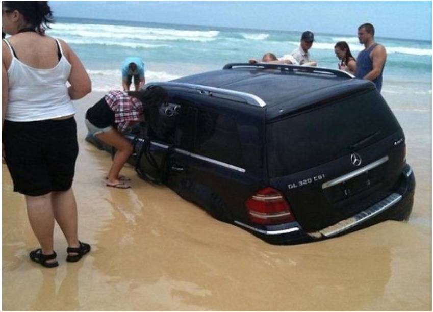 car sunk into sand at beach