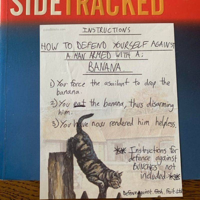 a note about how to defend yourself against a man with a banana 