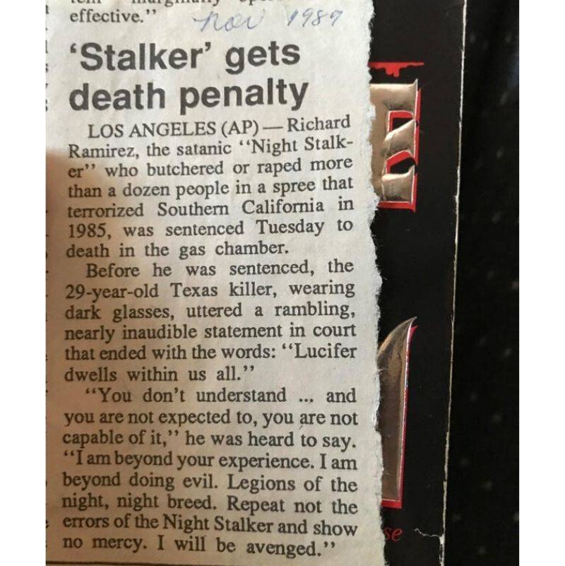 a news paper clipping about serial killer Richard Ramierz