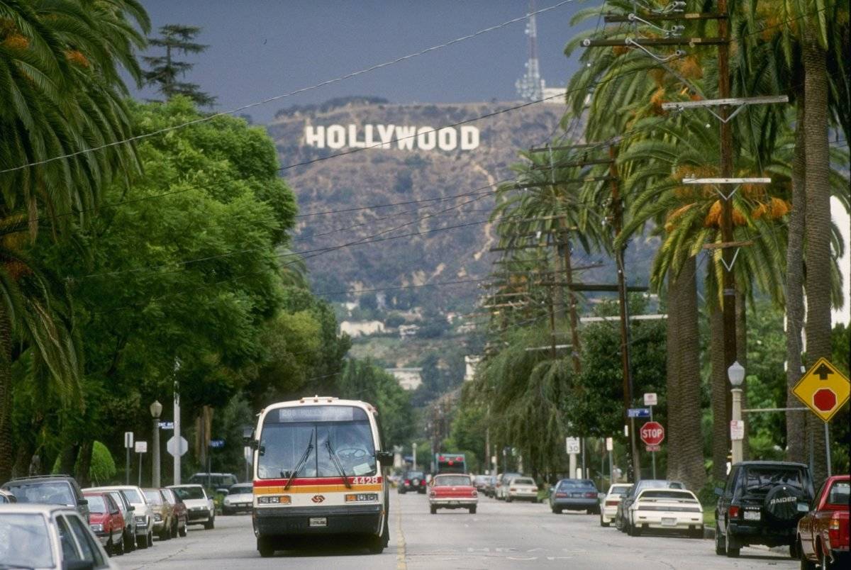 General view of the Hollywood sign on a hill above Los Angeles, California.