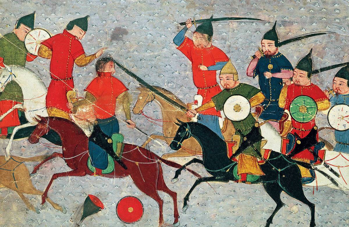 artist depiction of Ghenghis Khan in combat.