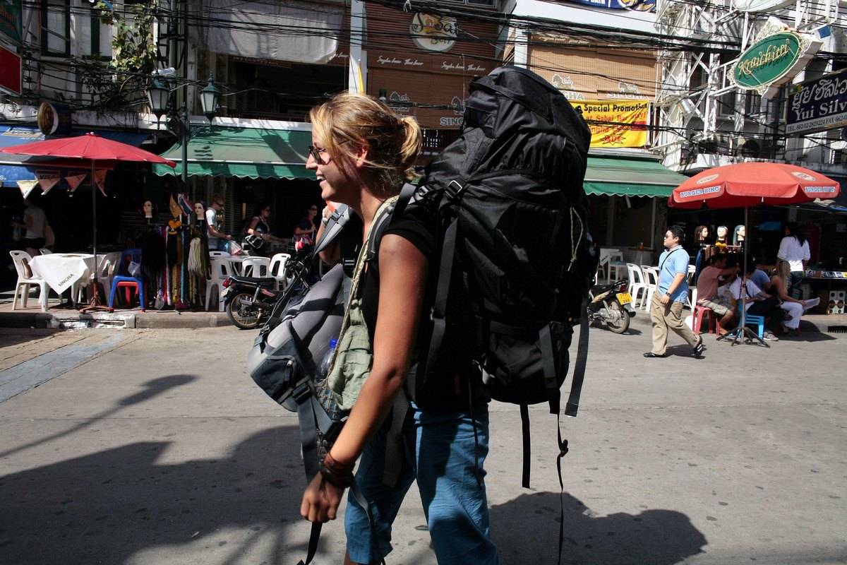 A backpacker on a street in Bangkok